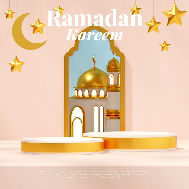 Maquette de scène du podium de Ramadan sur une place avec un moissanite de mosquée et des étoiles 3D