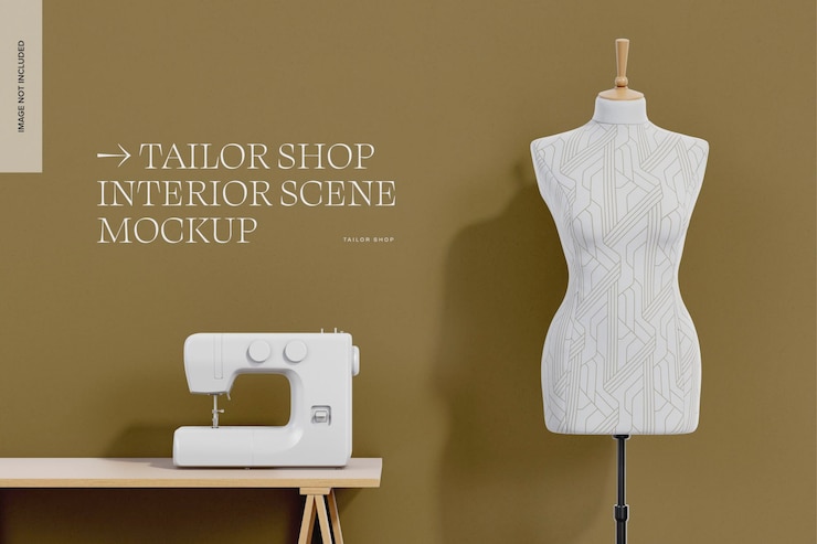 PSD maquette de scène intérieure d'atelier de couture, vue de face