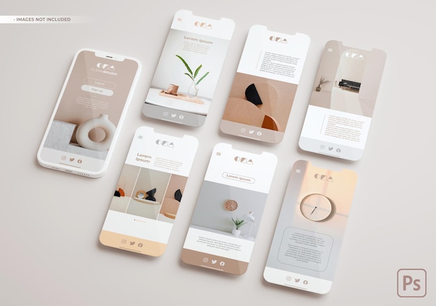 Maquette de smartphone et certains écrans flottant en rendu 3D. Concept d'application Ui ux