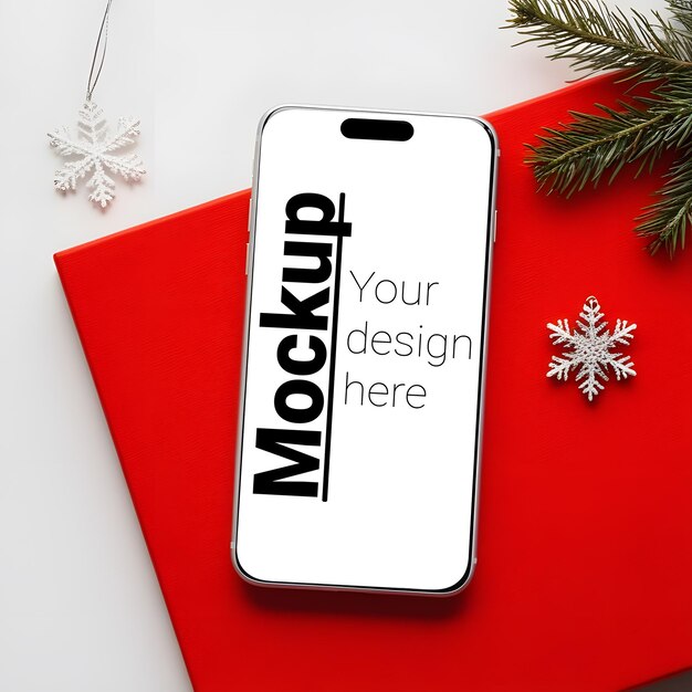 Une maquette de smartphone à thème de Noël sur fond rouge