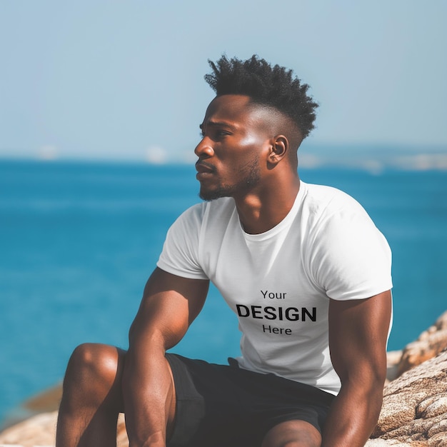 PSD maquette de t-shirt blanc psd avec un homme afro-américain sur la plage