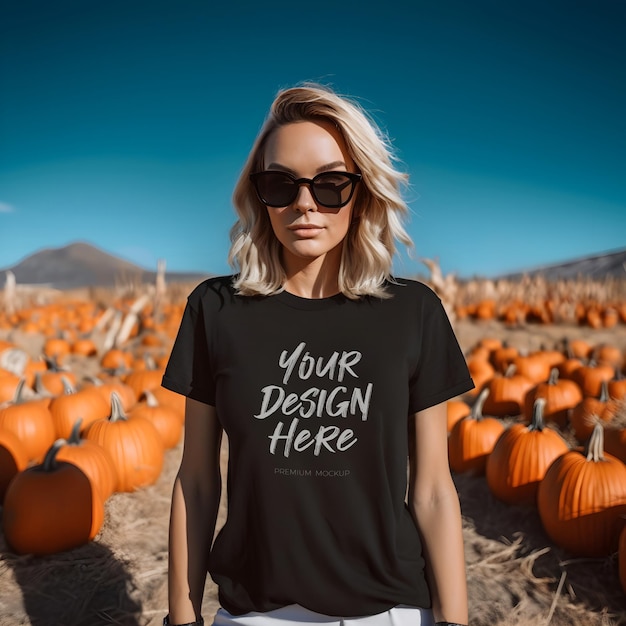 Maquette de T-shirt noir inspirée de Halloween Harvest FallInspired avec une femme blonde