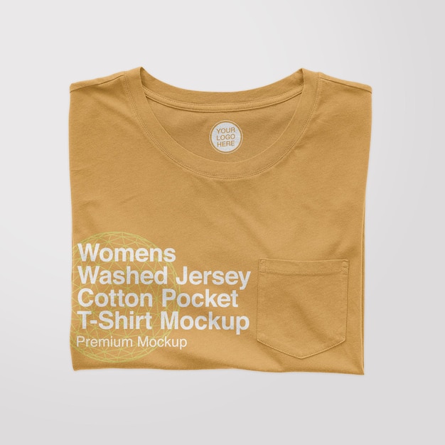Maquette de t-shirt plié à col ras du cou en coton délavé pour femmes