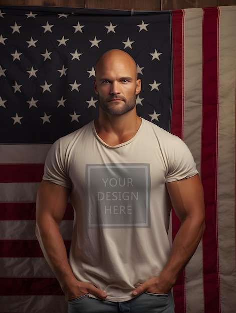 Maquette De T-shirt Psd Homme Devant Le Drapeau Américain Usa Vétéran De L'indépendance Du 4 Juillet Generativeai