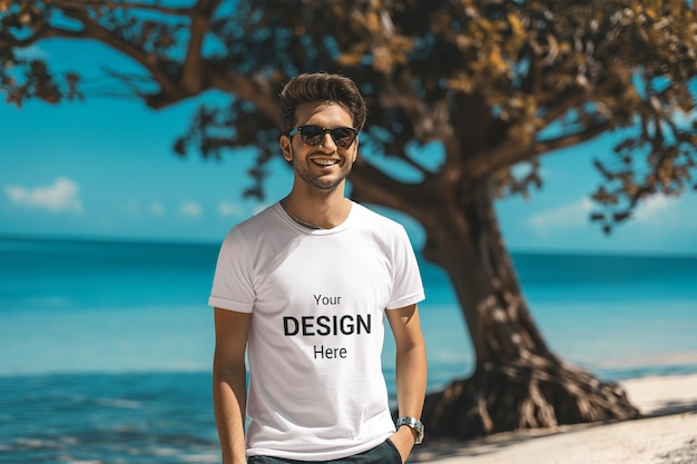 PSD maquette de t-shirt psd homme élégant avec un arbre sur la plage