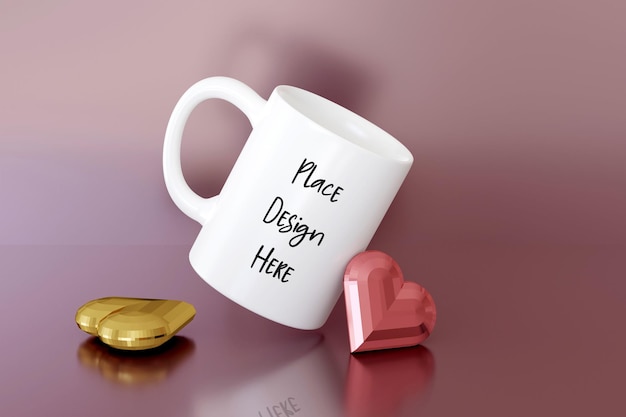 Maquette de tasse de fête des mères sur fond rose avec des coeurs Modèle de tasse vierge pour le logo de l'entreprise