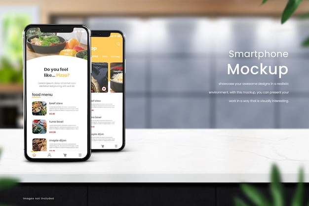 PSD maquette de téléphone de deux smartphones sur le comptoir de la cuisine