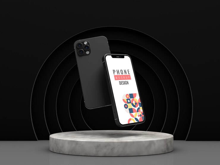 maquette de téléphone mobile numérique dans la conception de podium premium en mode sombre