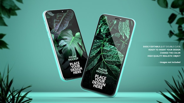PSD maquette de téléphones sur fond vert avec des plantes