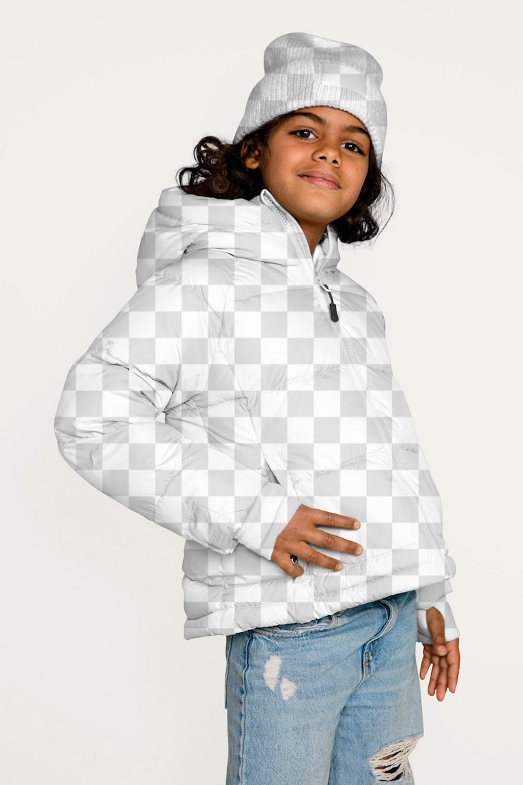 PSD maquette de tenue d'hiver png kid39s avec une veste à bonnet de conception transparente
