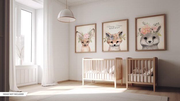 Maquette à trois cadres en bois dans la chambre de bébé