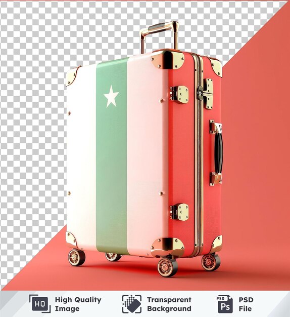 PSD maquette de valise de voyage avec le drapeau de l'italie sur fond rouge avec des roues noires, de l'argent et du métal