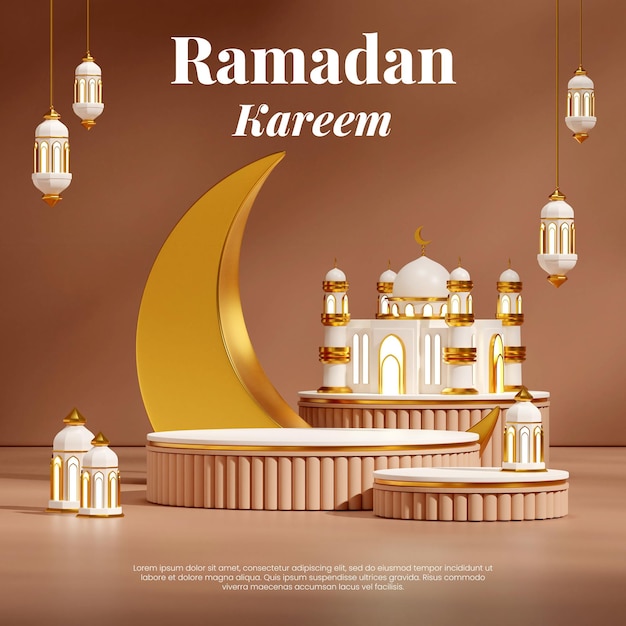 maquette vierge podium marron blanc dans la lampe arabe carrée et la mosquée ramadan kareem, rendu d'image 3d