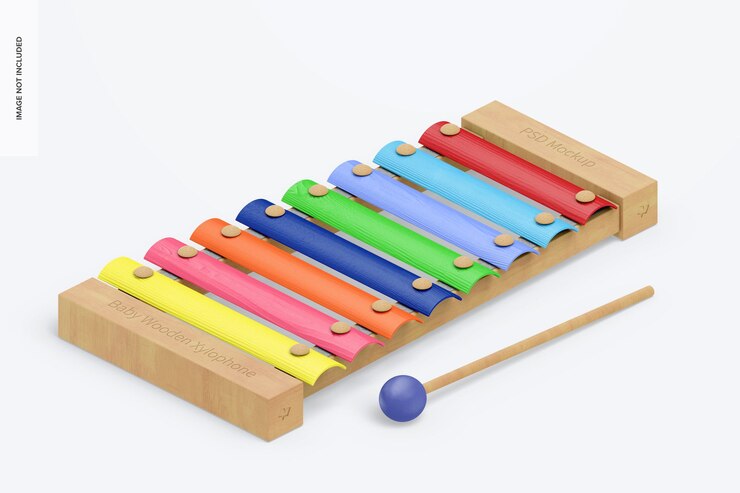 PSD maquette de xylophone en bois pour bébé, vue de droite isométrique
