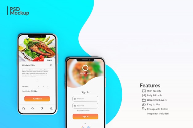 PSD maquettes de smartphone modifiables pour afficher le modèle de concept d'application alimentaire