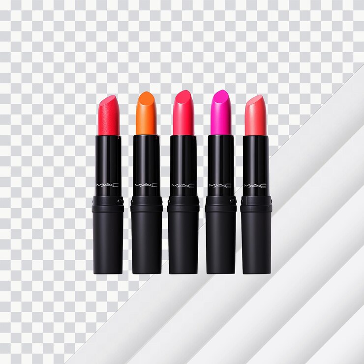 PSD maquillaje profesional con tubos de lápiz labial mate abiertos en múltiples tonos vibrantes