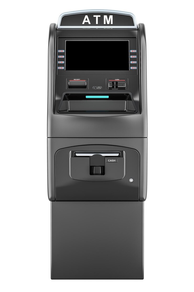 PSD máquina de caja automática de cajeros automáticos renderización 3d aislada en un fondo transparente
