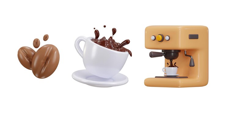 PSD máquina de café com grãos de café e café líquido com ícone de xícara de café