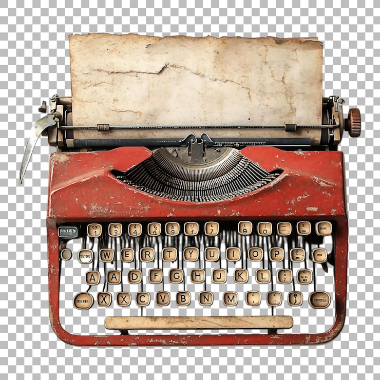 PSD máquina de escrever vintage png com um manuscrito meio terminado contra um fundo transparente