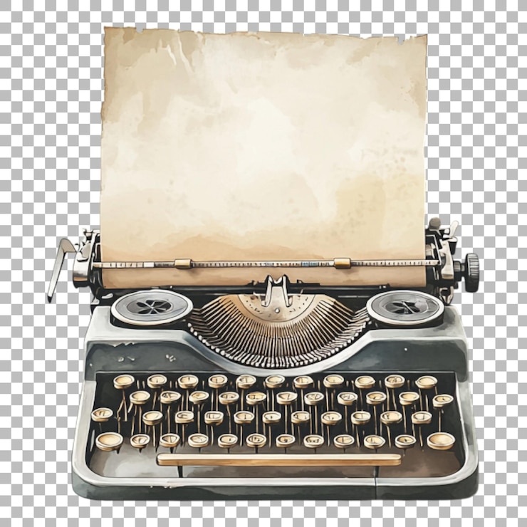 PSD máquina de escrever vintage png com um manuscrito meio terminado contra um fundo transparente