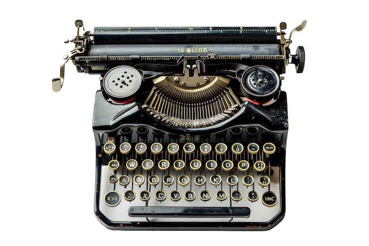 PSD máquina de escrever vintage preta isolada em fundo branco escritório de estúdio aig57