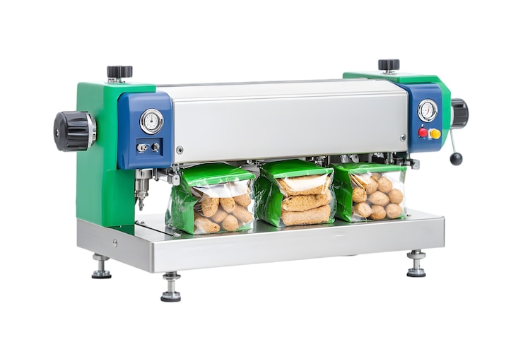 PSD máquina de envasado automatizada para sellar bolsas de bocadillos con galletas y cacahuetes aisladas en fondo blanco