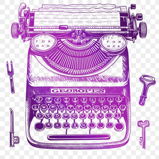 Una máquina de escribir púrpura con la palabra jardín en él