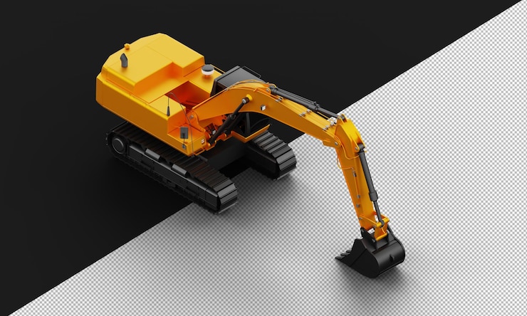 PSD máquina excavadora mate de metal de titanio naranja realista aislada desde la vista frontal superior derecha