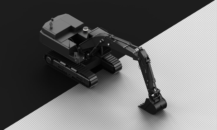 PSD máquina excavadora mate de metal de titanio negro realista aislada desde la vista frontal superior derecha