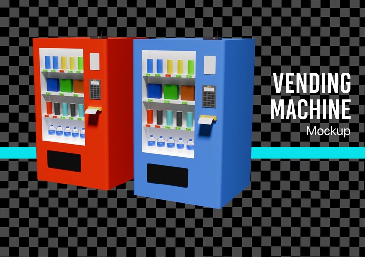 PSD máquina expendedora 3d con maqueta de bocadillos y bebidas