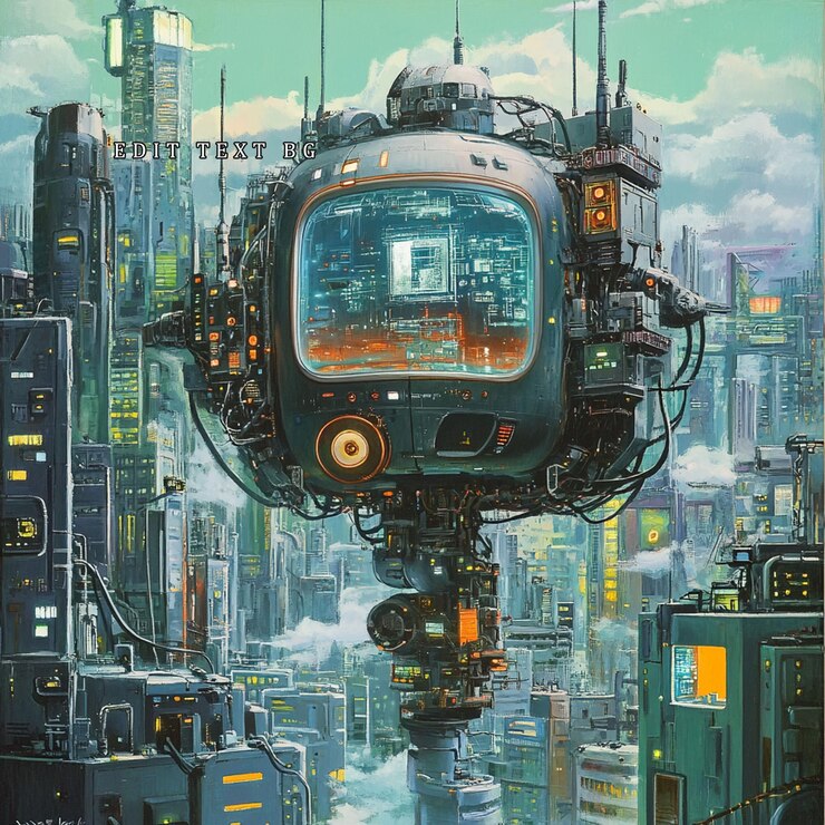 PSD una máquina voladora futurista flota sobre un denso y vibrante paisaje urbano