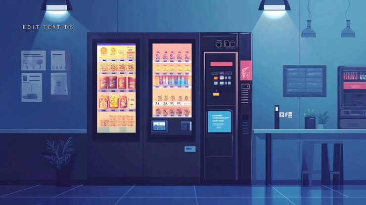PSD máquinas expendedoras modernas en la oficina por la noche que muestran bocadillos, bebidas y café