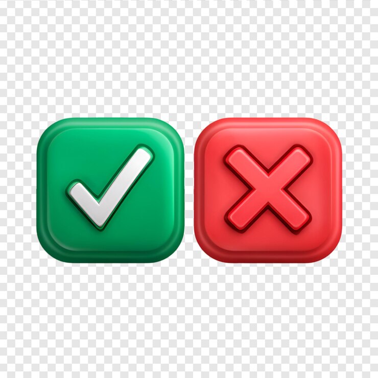PSD marca de comprobación verde y botones rojos x 3d decisión de elección correcta incorrecta
