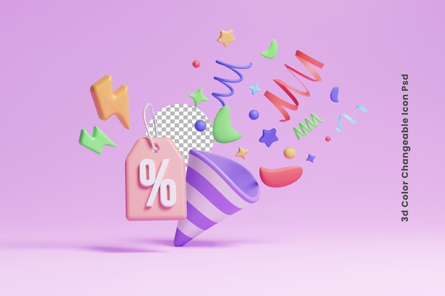 Marca de oferta de venda com poppers de festa e ícone de conceito de campanha de oferta de desconto 3d de confete