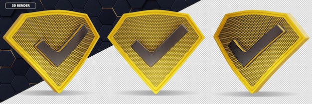 PSD marca de verificação escudo elemento 3d ilustração amarelo preto