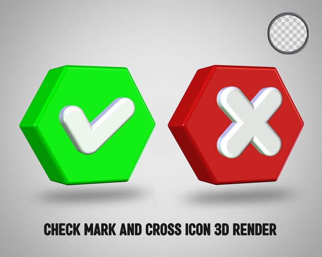 PSD marca de verificación y cruz icono 3d render