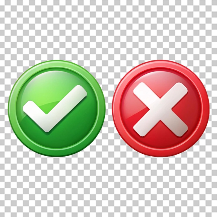 PSD marca de verificación verde y iconos de x rojos en un fondo transparente
