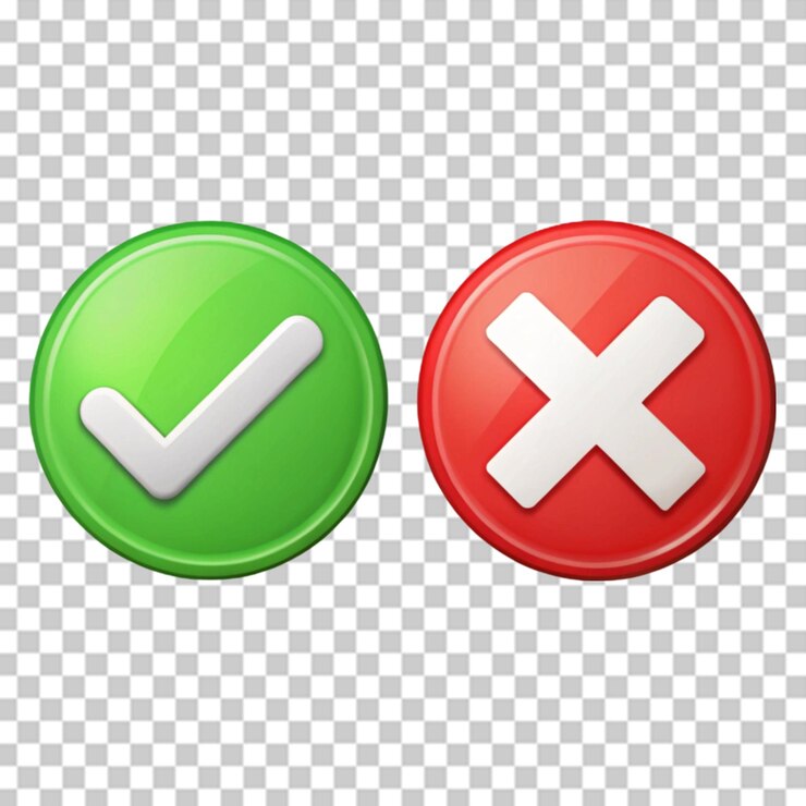 PSD marca de verificación verde y iconos de x rojos en un fondo transparente