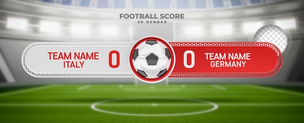 Marcador de fútbol en render 3d con fondo de estadio