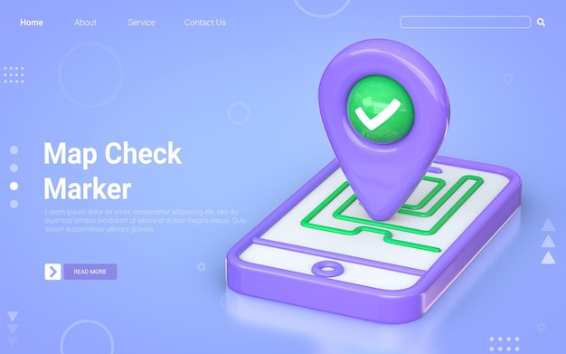 Marcador de mapa de ubicación con signo de marca de verificación en el teléfono móvil concepto de renderizado 3d para plantilla de banner web