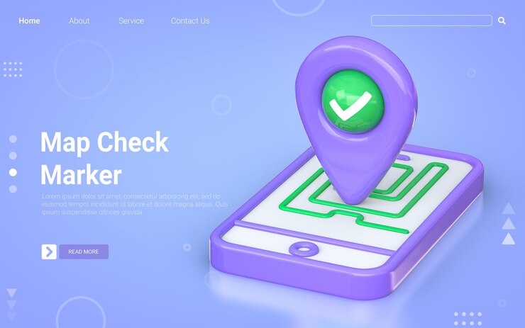 PSD marcador de mapa de ubicación con signo de marca de verificación en el teléfono móvil concepto de renderizado 3d para plantilla de banner web