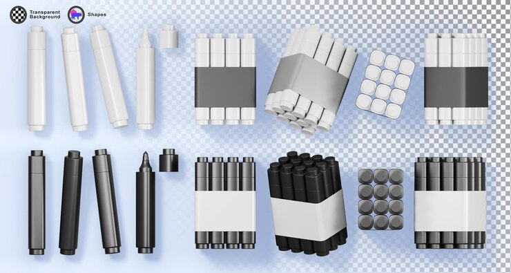 PSD marcadores 3d blancos y negros, bolígrafos de punta de fieltro con mockup de etiqueta de cinta de envoltura de papel, conjunto de higlighters de renderización realista para dibujar y dibujar en la caja del paquete.