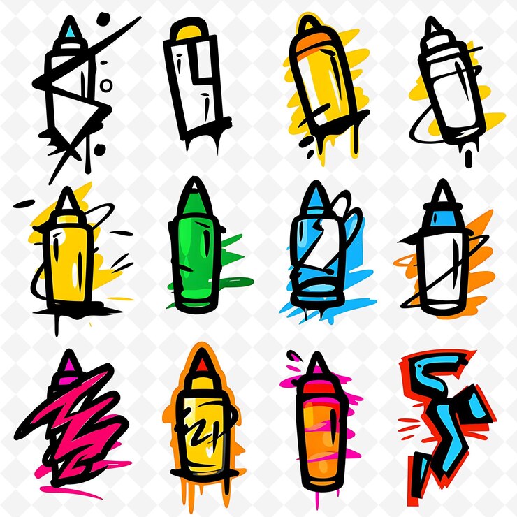 PSD marcadores png con diseño de graffiti que muestran una serie de diseños creativos de arte audaz y de contorno