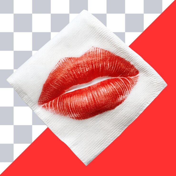 PSD marchi di rossetto rosso brillante su tovagliolo bianco disegno isolato