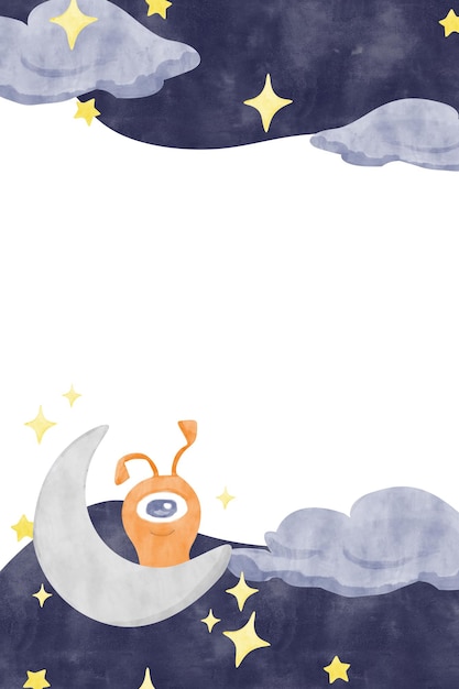 Marco con alienígena en luna media en el cielo nocturno con nubes y estrellas Ilustración de acuarela