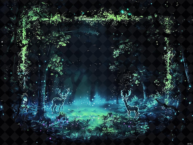 PSD marco arcano del bosque cibernético con árboles digitales y neón un marco de color neón colección de arte y2k