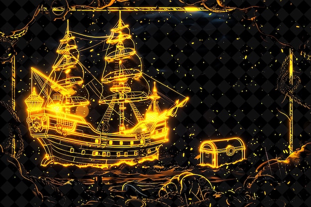 PSD marco arcano del tesoro de los piratas con barcos piratas y tesoro de color neón marco de la colección de arte y2k