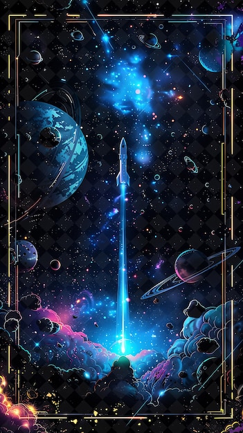 PSD marco arcano de viaje galáctico con naves espaciales y marco de color neon pla distante colección de arte y2k