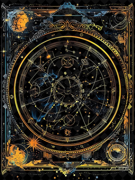 PSD marco arcano del zodiaco celestial con signos del zodiaca y marco de color neón de celestia colección de arte y2k