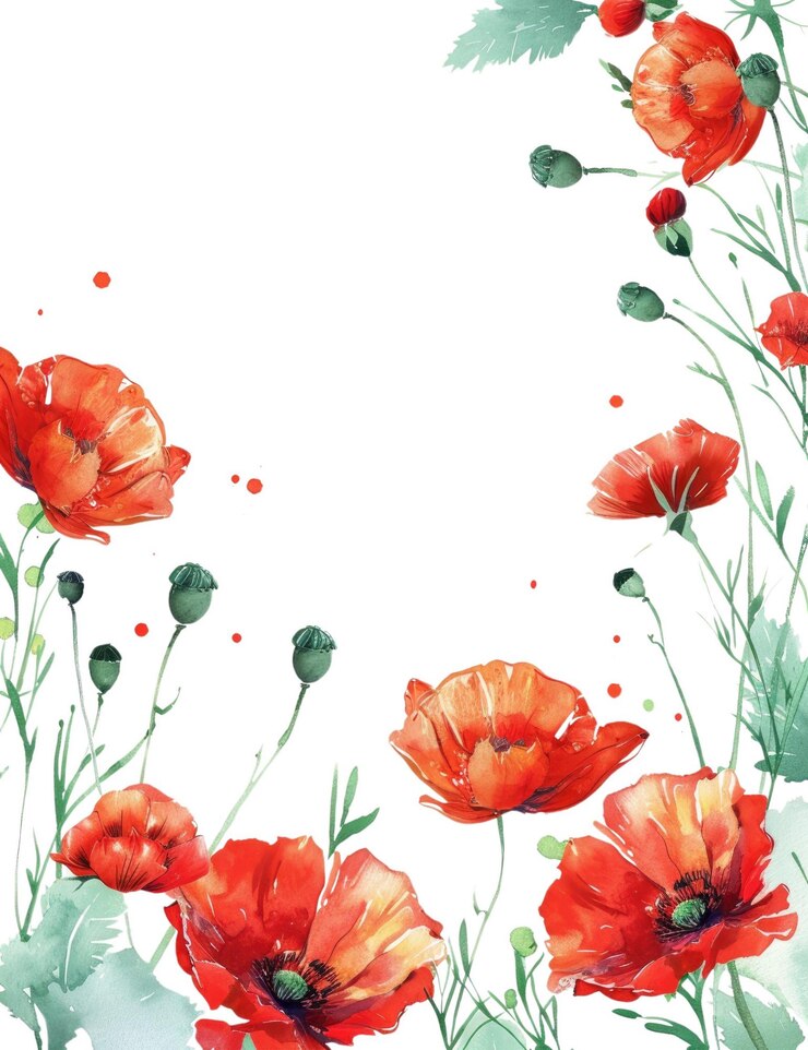 PSD marco de arte con amapolas rojas y trigo aislado sobre un fondo blanco aig56